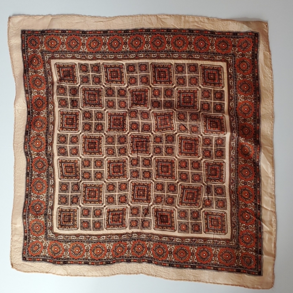 Vintage Scarf ASIAN GEOMETRIC FLORAL Japan Acetate Hand Rolled 19" SQUARE